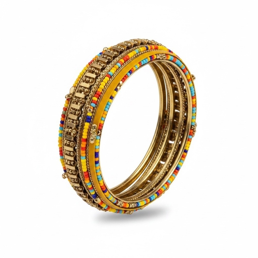 Boho Multi Color Seed Bead Gold Tone Stackable Bangle Bracelet Set 4 Piece